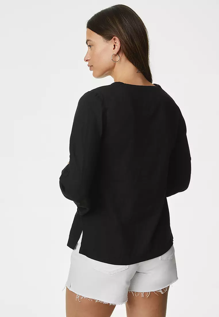 Linen Blend Embroidered V-Neck Blouse