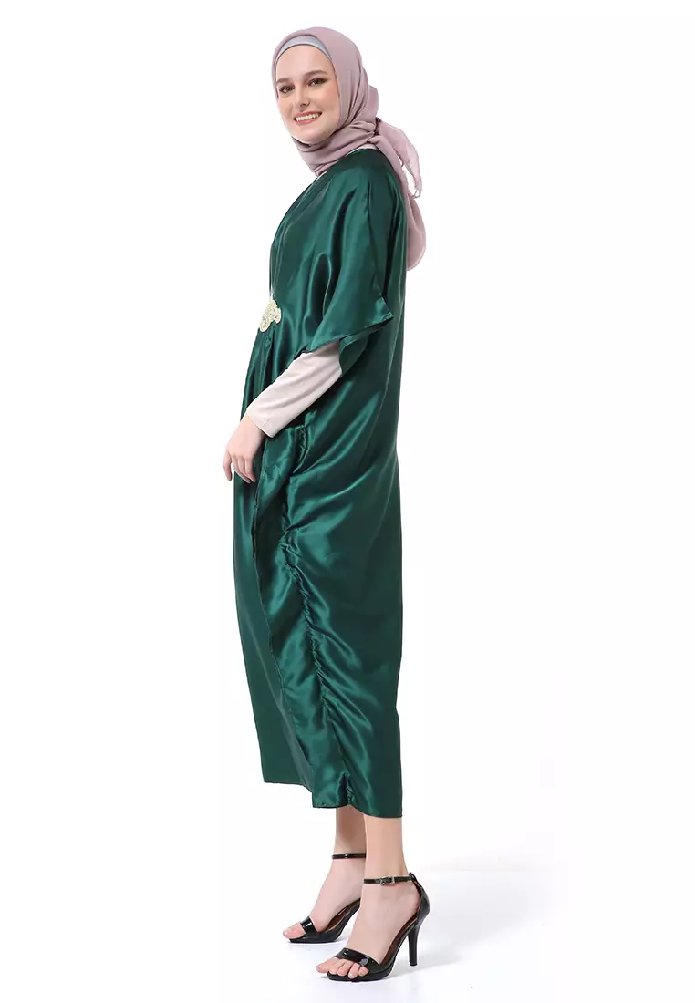 Illona Kaftan Dress Premium Fashion Muslimah Motif Polos Regular Fit - Hijau