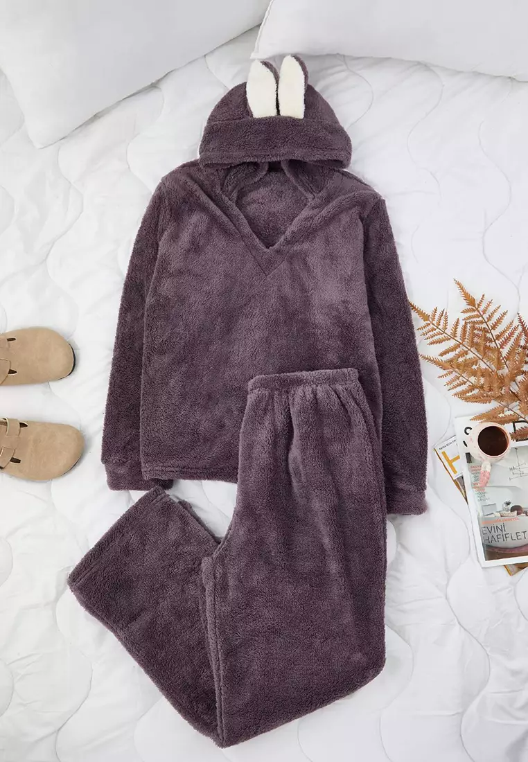Smoked Wellsoft/Plush Hooded Ear Detail Knitted Pajamas Set Tbbaw25Ai00021