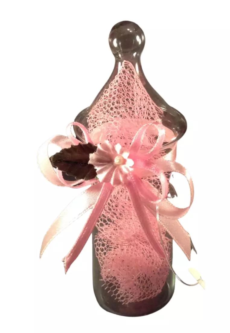 Pink Glass Chupon Feeding Bottle Souvenir For Christening Baby Girl Pink