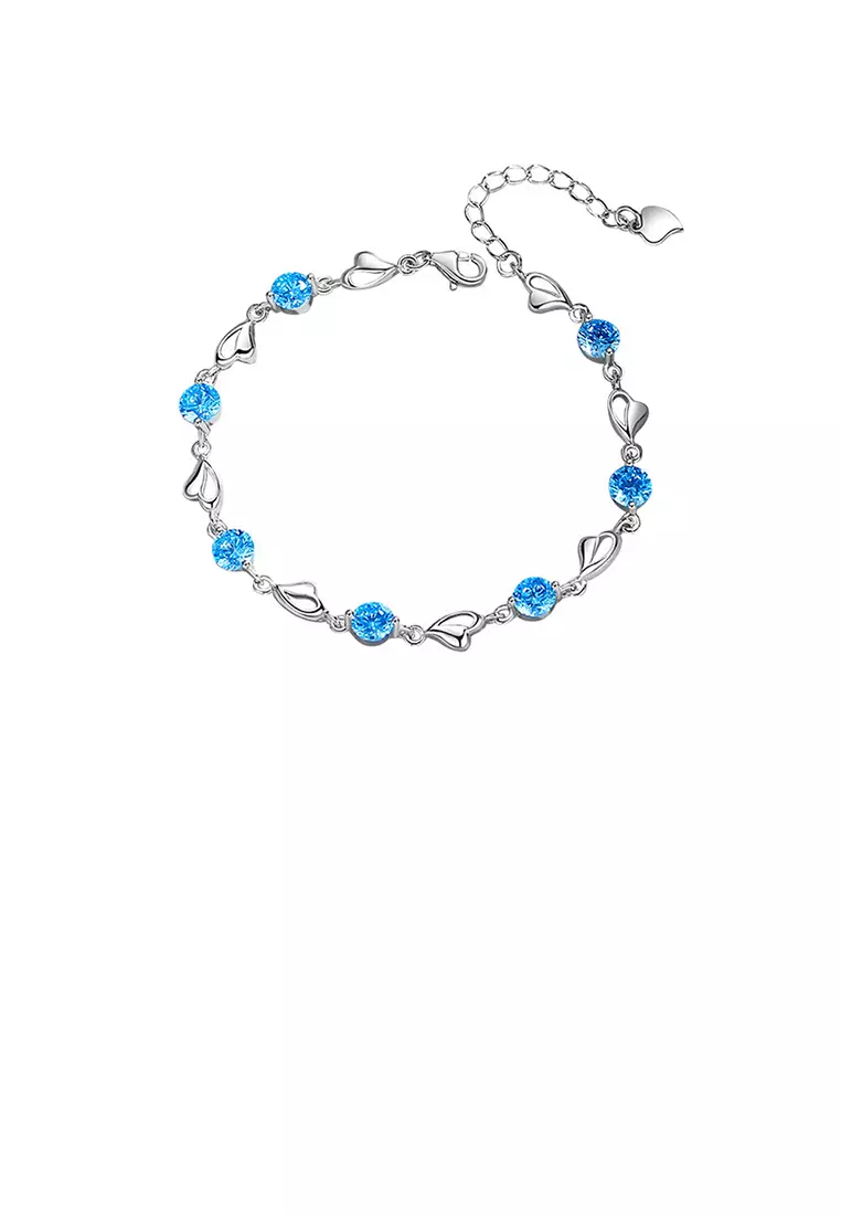 925 Sterling Silver Simple Romantic Heart Shaped Round Blue Cubic Zirconia Bracelet