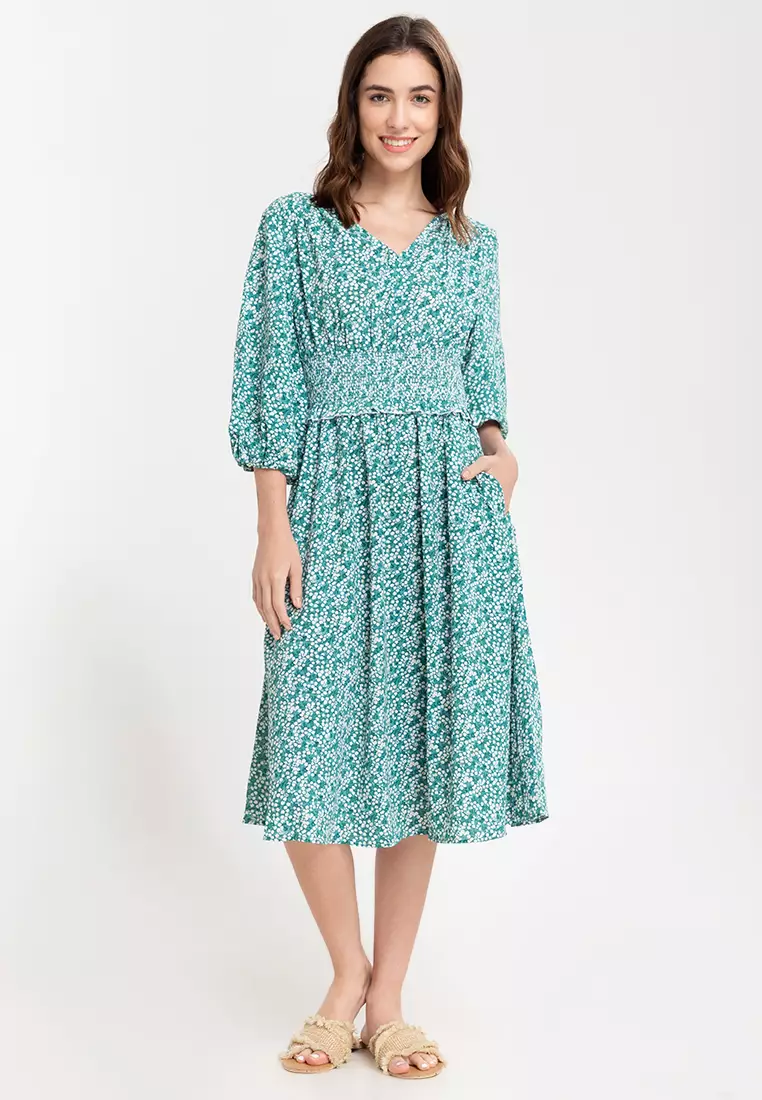 Clarence Printed V-neck Smocked Dress