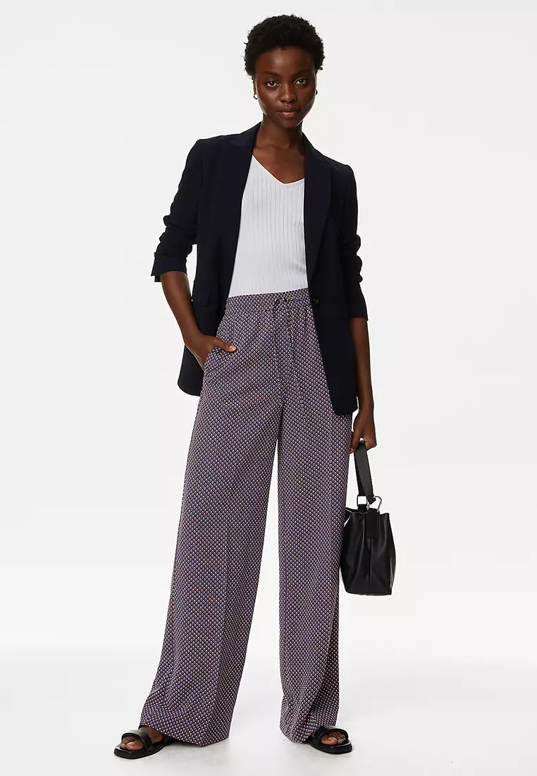 Geometric Drawstring Wide Leg Trousers