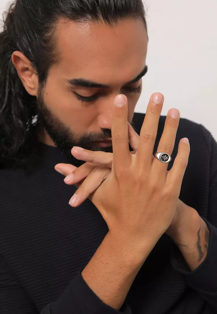 EXCLUSIVE Cincin Perhiasan Perak 925 Pria Evil Eye Signet