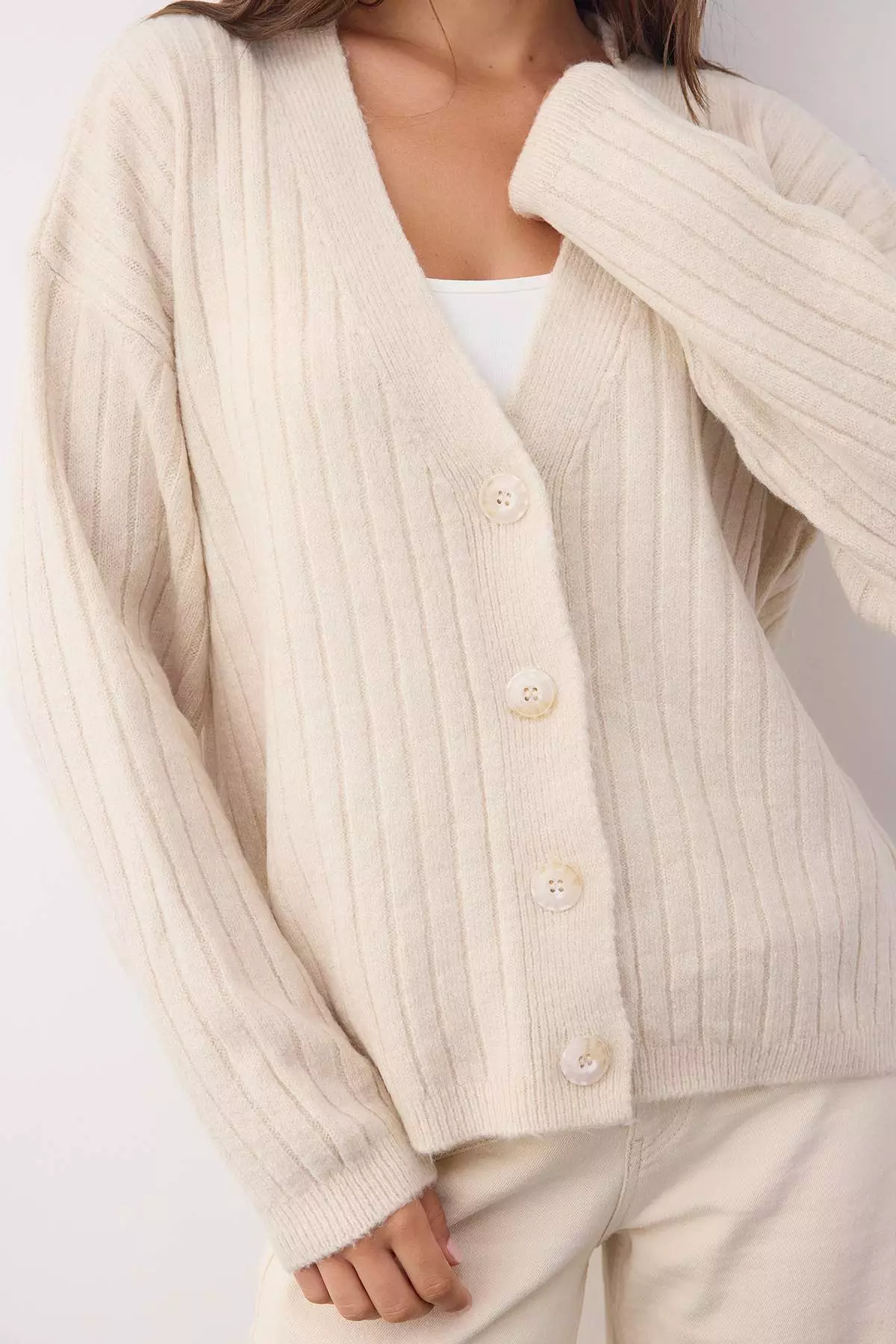 Wardrobe Essentials Stone Soft Texture Basic Wide Pattern Knit Cardigan | Twoaw26Hi00119