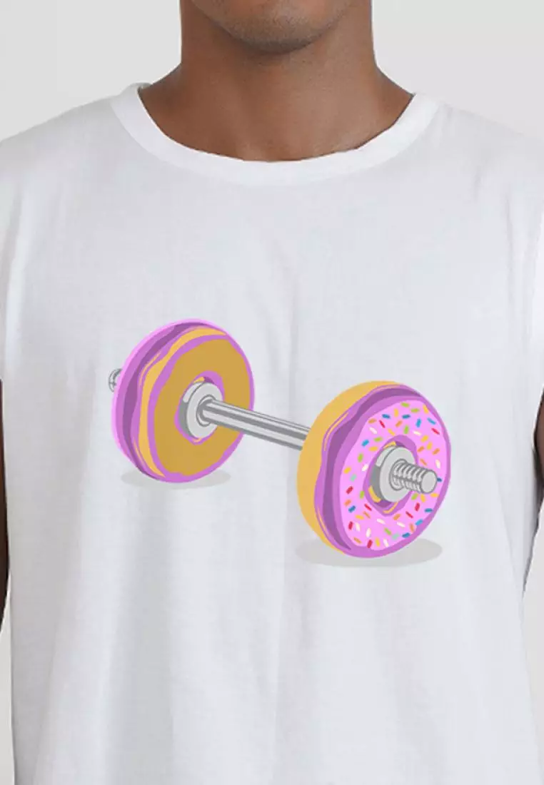 甜甜圈杠铃图案白色棉质无袖健身/训练背心