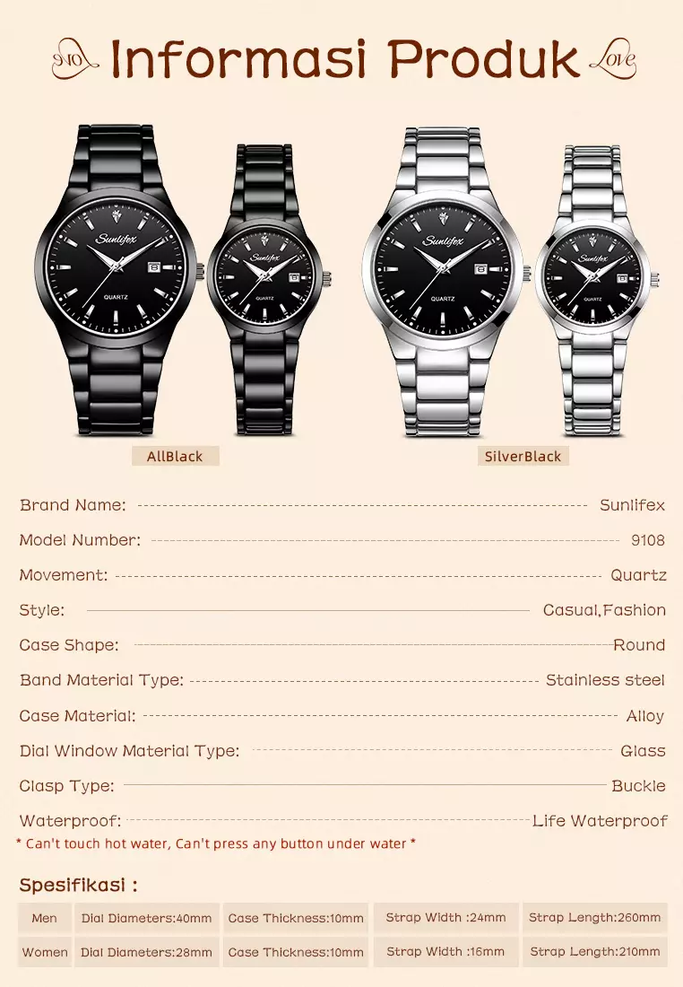 Jam Tangan Couple Original Tanggal Luminous Santai Tali Stainless Steel Jam Tangan Pria/Wanita 9108 silverblack