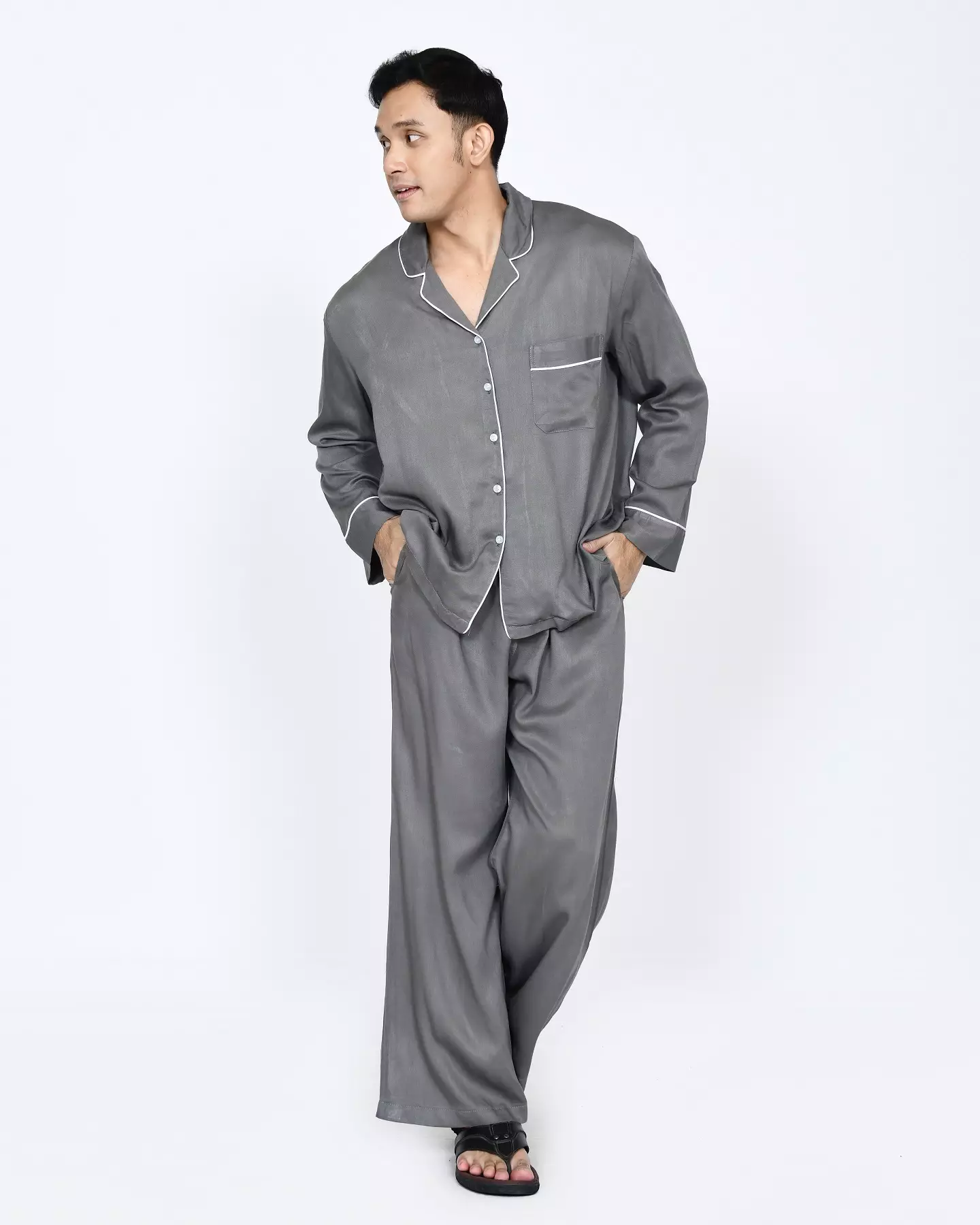Setelan Baju Tidur Panjang Piyama Pria Plain [ABU ABU] One Set Sleepwear Pajamas Material Katun Size M-XXL