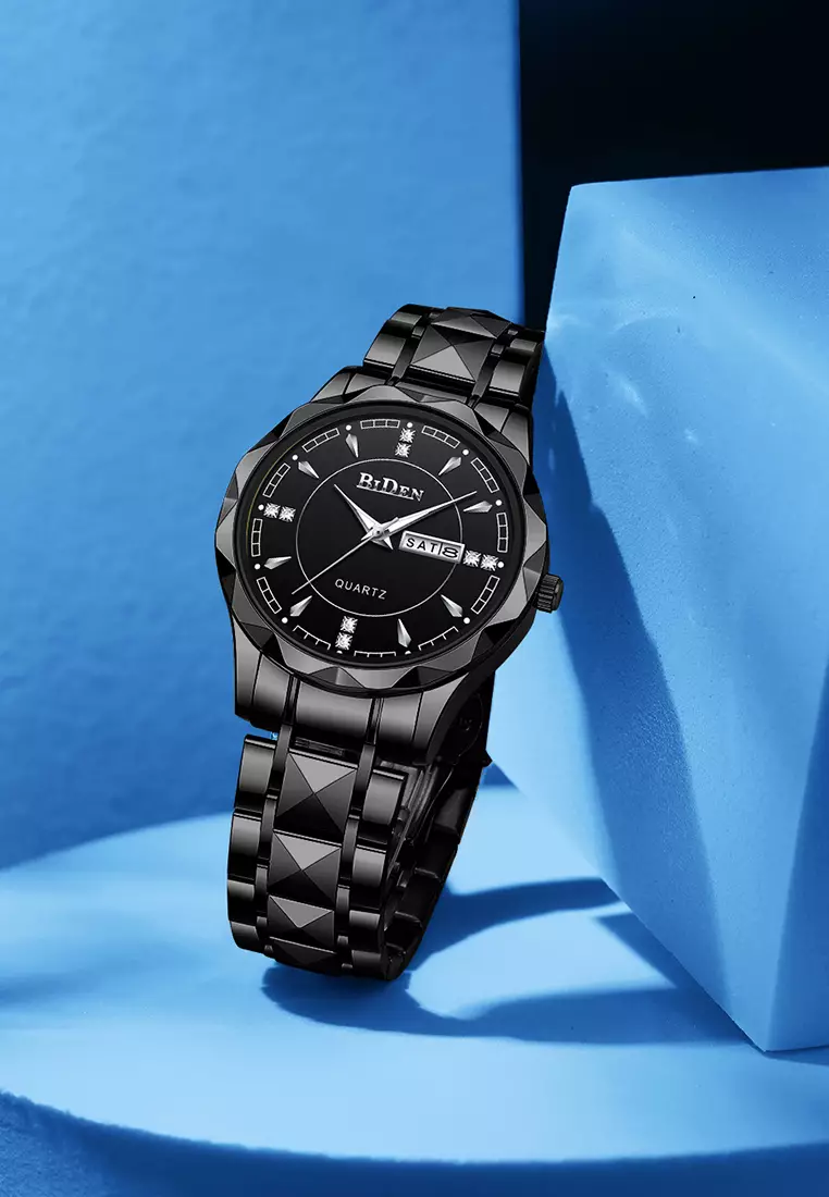 Jam Tangan Pria Anti Air Original Cowok Kalender Bercahaya Analog Luminous Stainless Steel Men Watch Hitam