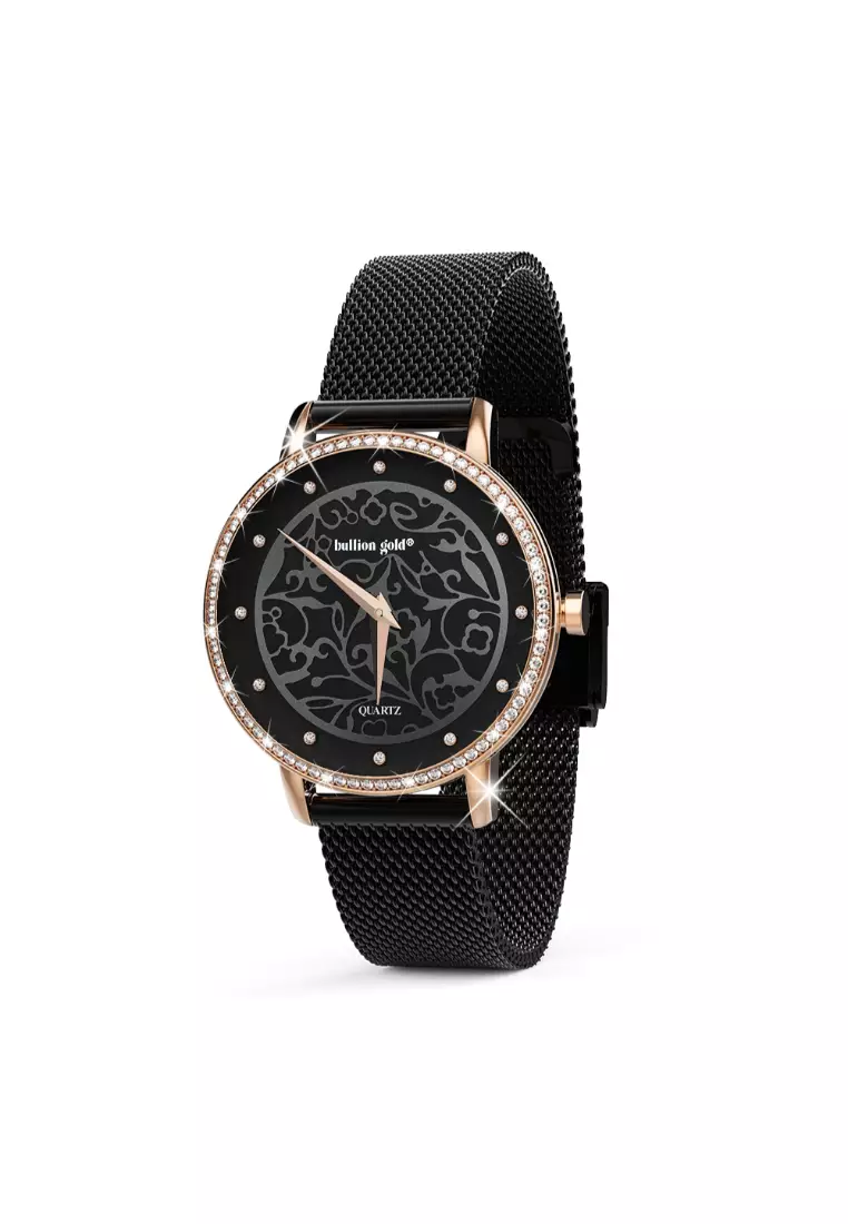 Elite Watch Embellished with Rhinestone - Rose Gold and Black