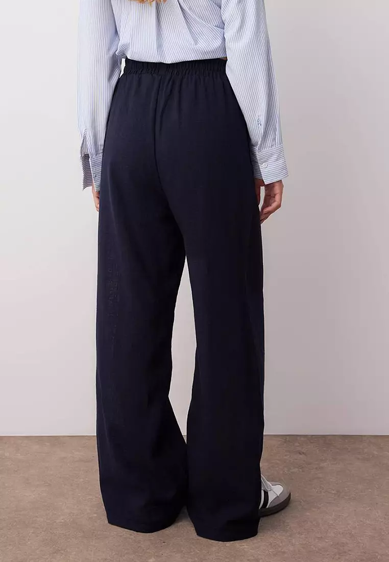 Navy Blue Linen Look Wide Leg Shorts Lined Elastic Waist Pants