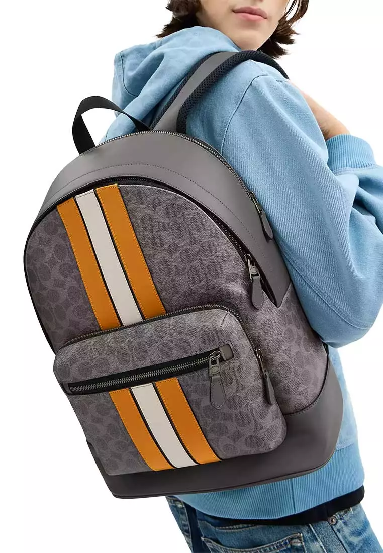 West Backpack In Signature Canvas With Varsity Stripe Grey/Ochre/Chalk CV922