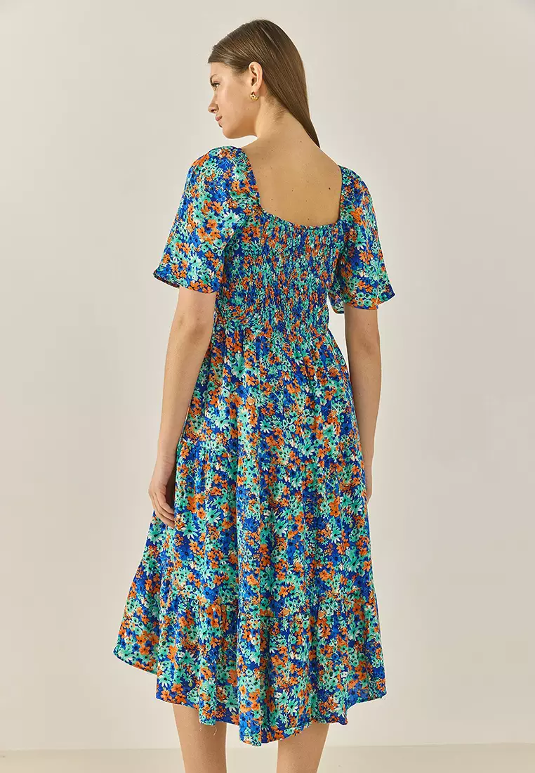 Women's Patterned Carmen Collar Gather Detailed Midi Length Summer Dress 60284046