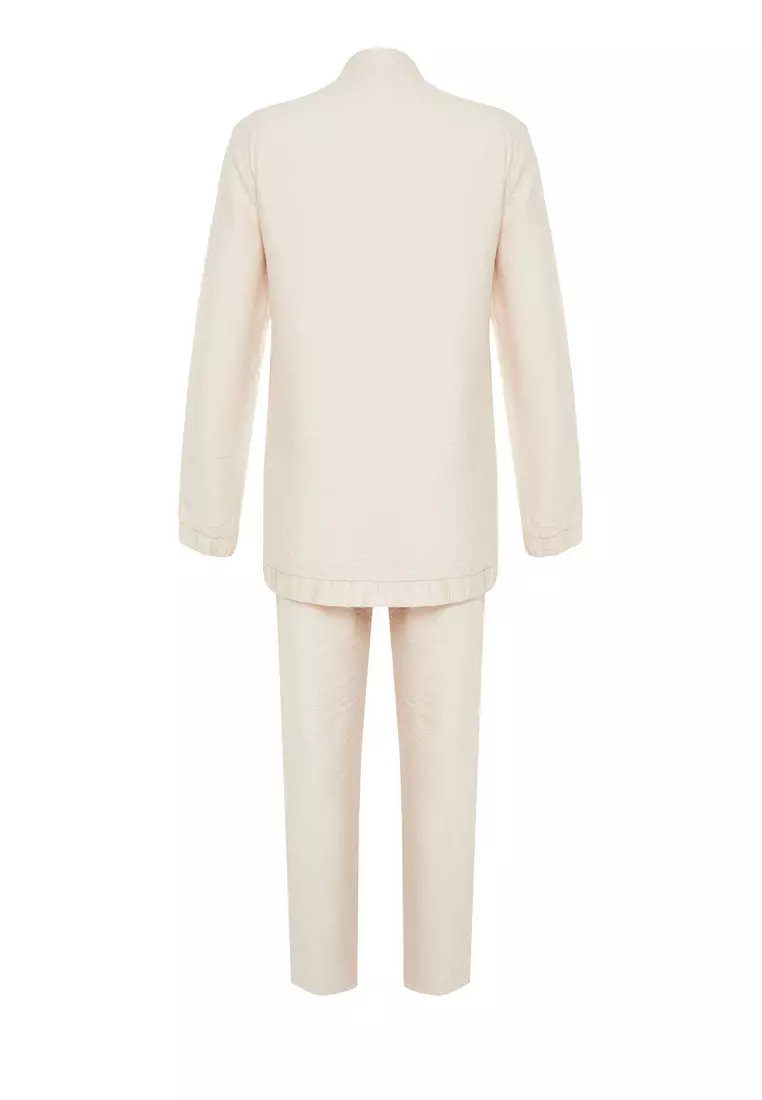 Beige Linen Look Tunic-Pants Woven Bottom Top Set TCTSS24US00016