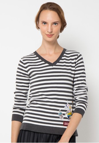 Belvie Stripe Patched Sweater Blouse in Grey