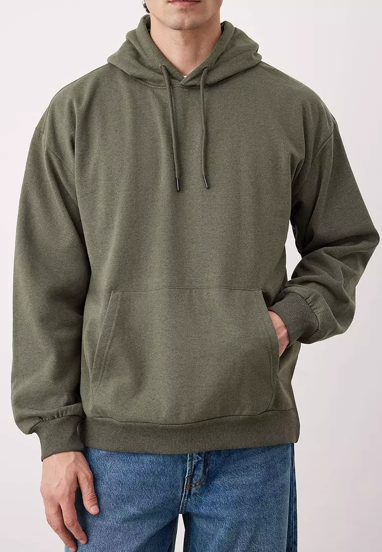 Khaki Oversize/Wide Cut Hooded Fleece/Warm Floral Printed Sweatshirt
