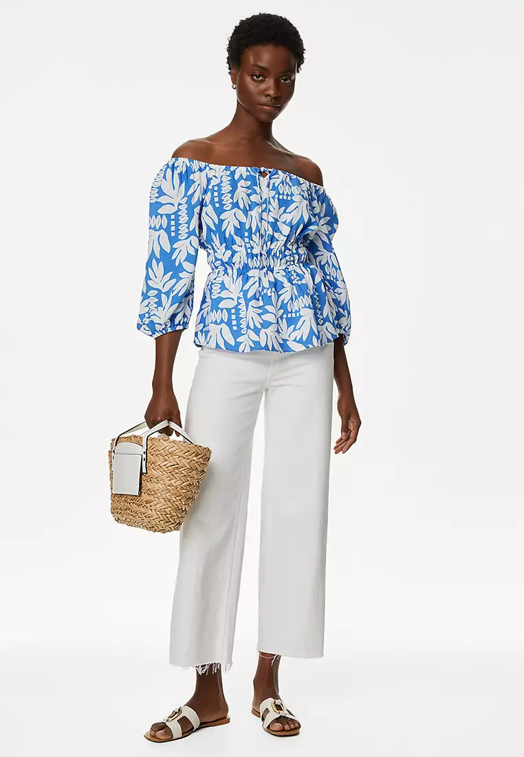 Printed Blouson Sleeve Peplum Top