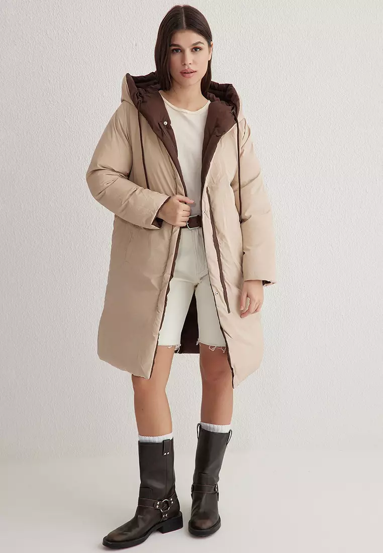 Dark Brown-Ecru Double-Sided Hooded Water Repellent Long Puffer Jacket TWOAW23MO00052