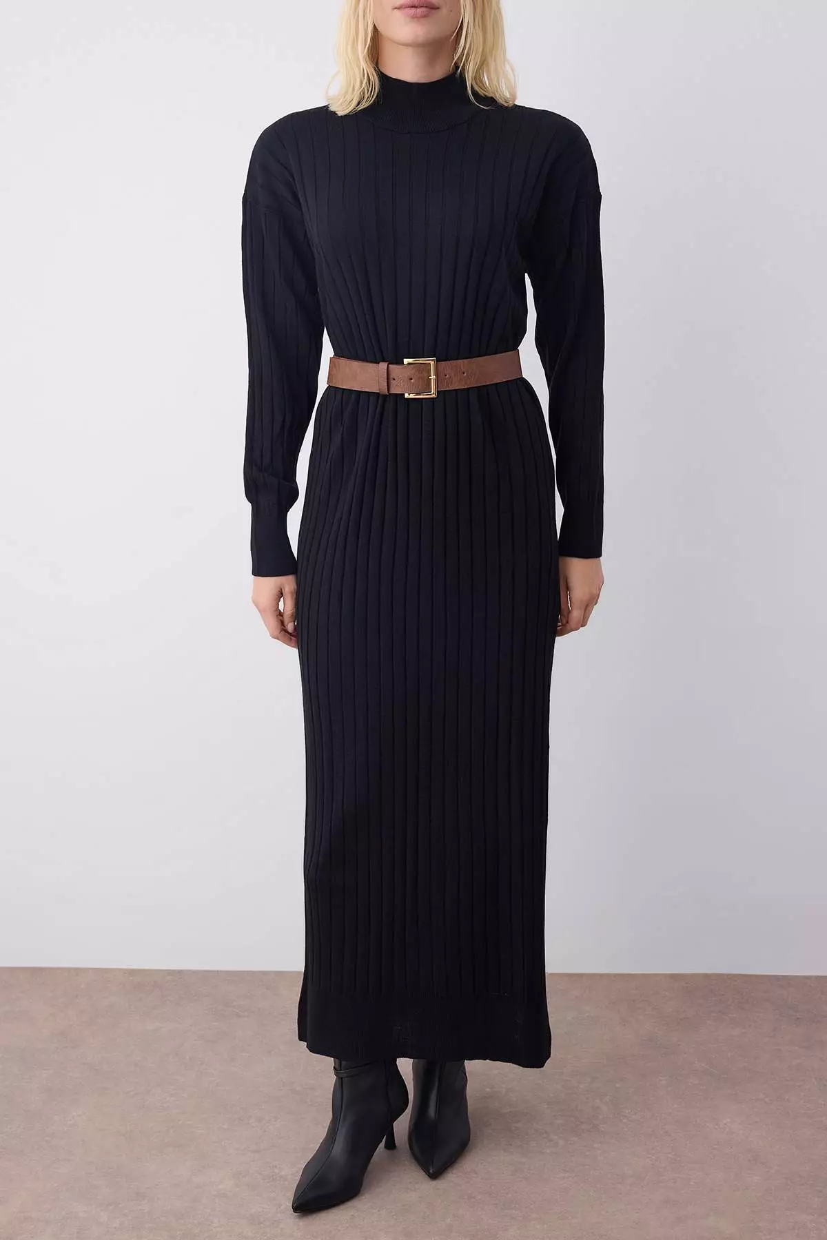 Black Plain Midi Slit Detail Belted Knitwear Long Dress