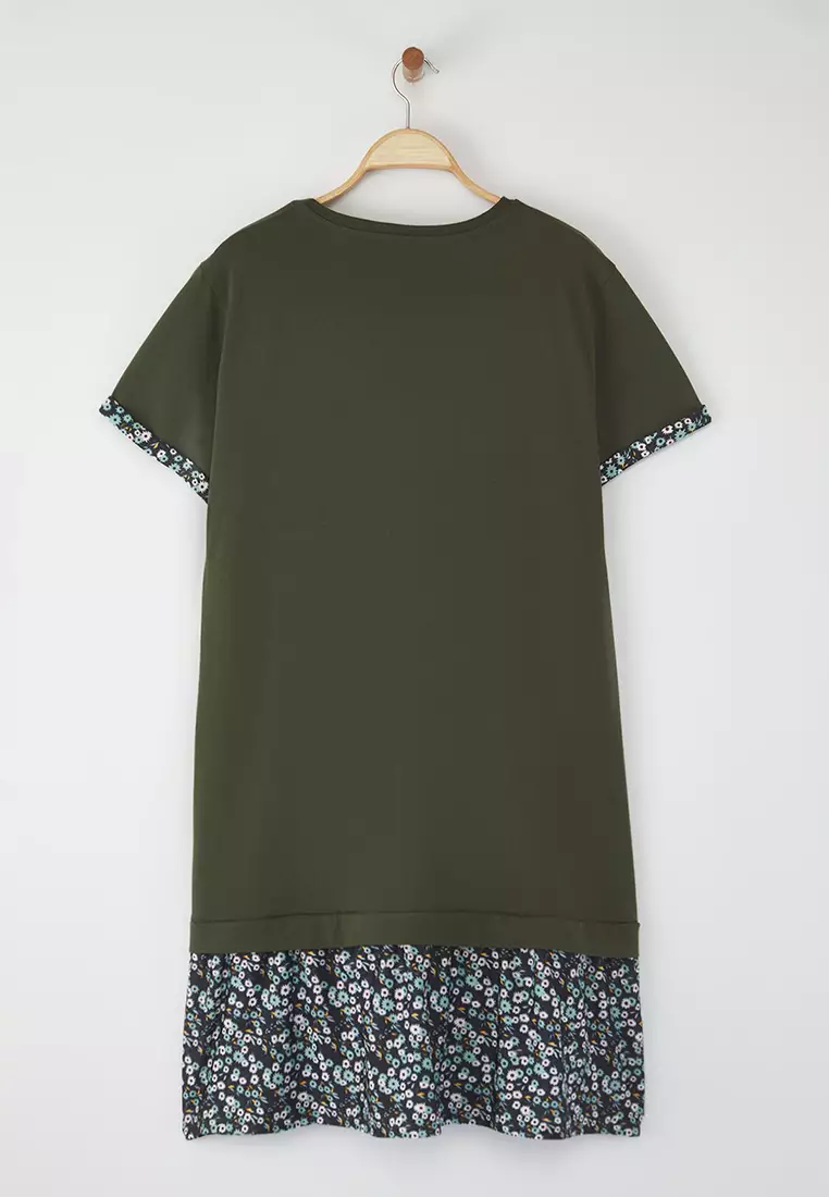Khaki Sleeve And Hemline Floral Print Knitted Plus Size Dress Tbbss25Ah00190