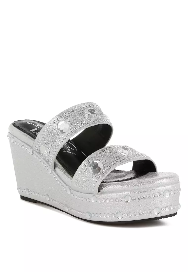 Rhinestone & Diamante Wedge Sandals in Silver