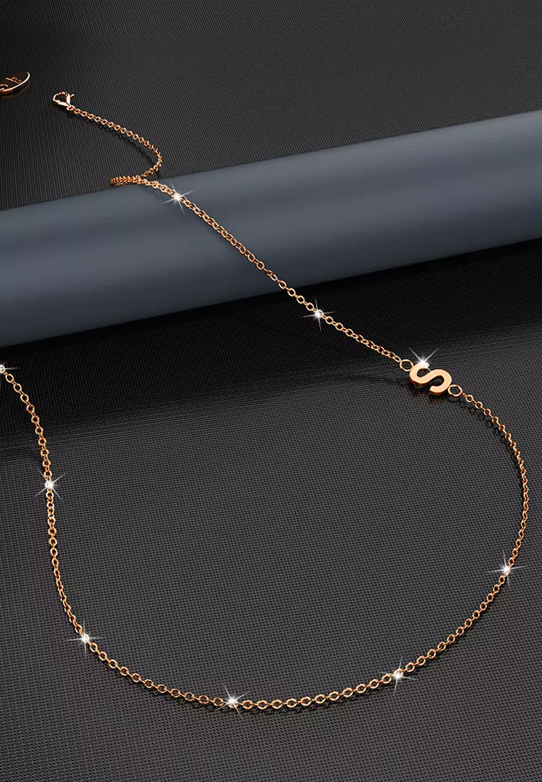 Sparkling Alphabet Initials Stainless Steel Necklace in Rose Gold - S
