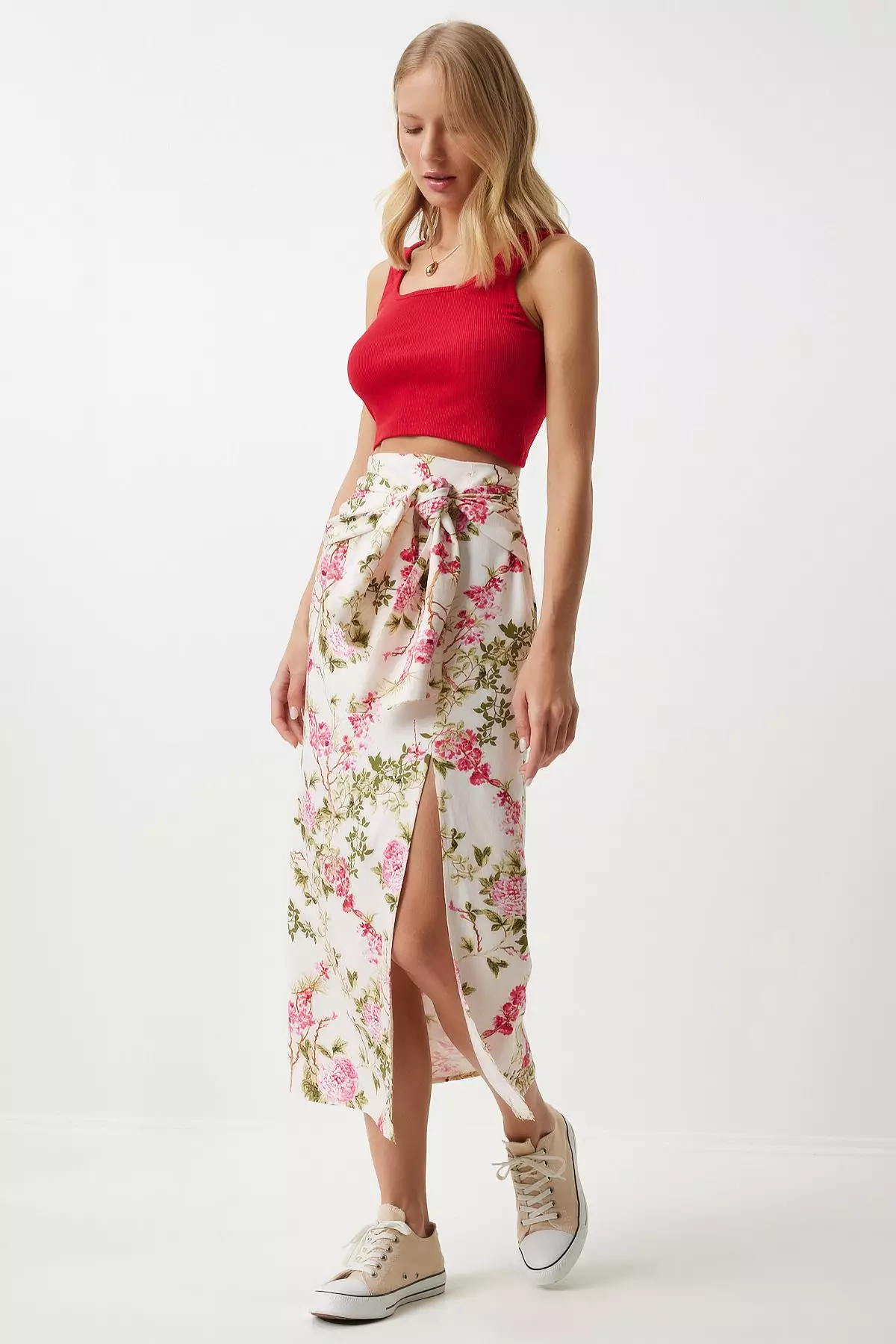 Pink Patterned Regular Basic Slit Skirts