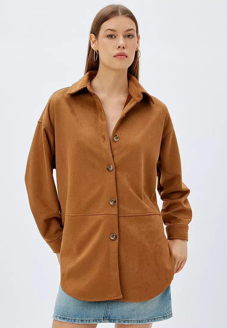 Long Sleeve Buttoned Faux Suede Shirt Jacket