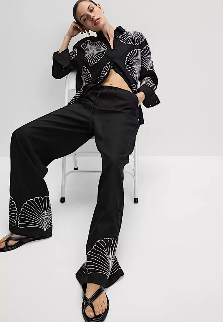 Linen Rich Drawstring Wide Leg Trousers