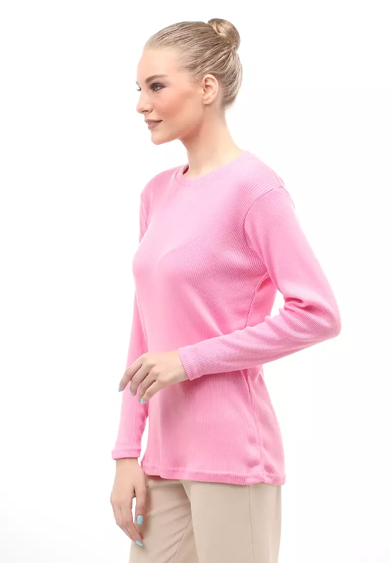 Briley Kaos Atasan Wanita Long Sleeves Motif Salur Relaxed Fit - Soft Pink