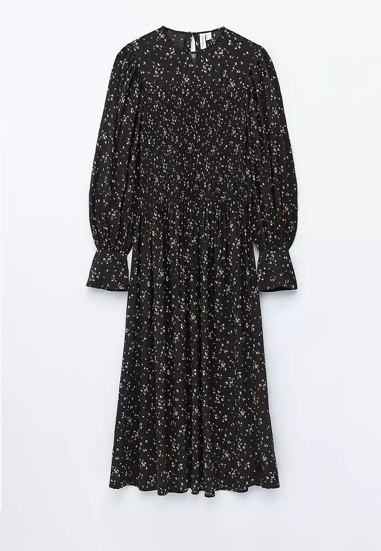 Smocked Balloon-Sleeve Midi Dress