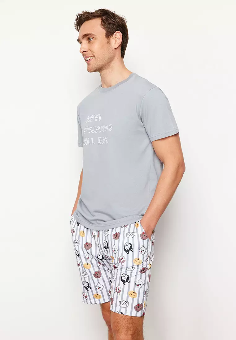 Gray Regular Fit Printed Knitted Shorts Pajamas Set TMNSS23PT00000