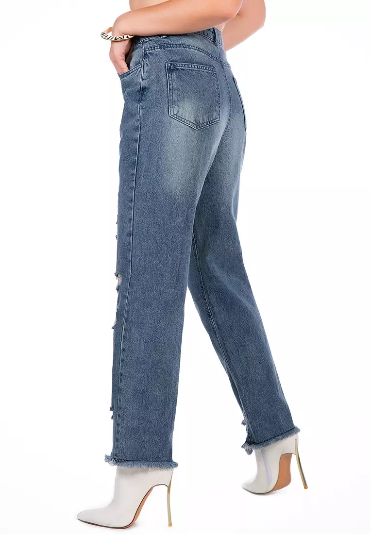 Buy London Rag Washed Distressed Straight Denim Pants Online