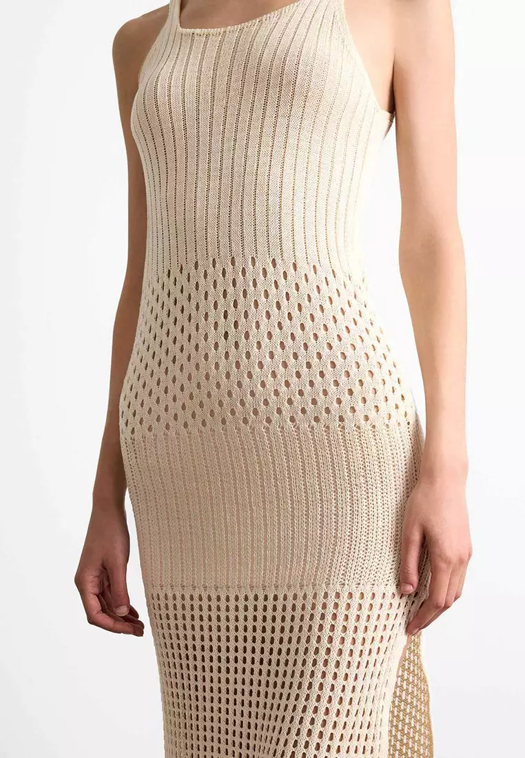Crochet Knitwear Midi Beach Dress with Strap F7449Ax25Sm