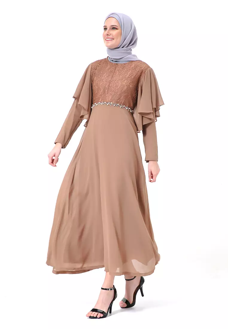 Hilda Dress Panjang Muslimah Wanita Long Sleeve High Quality Premium - Brown