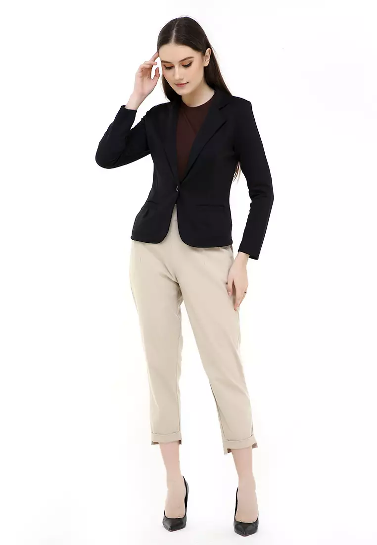 Qemsya Jas Blazer Wanita One Botton Slim Fit Formal Longsleeve Suit Material Scuba ORIGINAL - Black