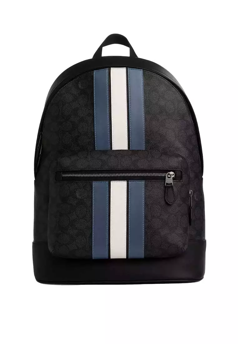 coach backpack qoo10 Mens Hitch In Leather, Black Copper/Amazon Green Multi, Large, Hitch Backpack With Varsity Stripe Fashion Coach Court Medium Backpack in