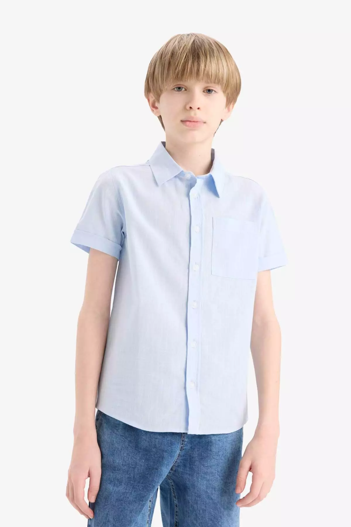 Boy's Polo Neck Linen Look Basic Plain Short Sleeve Shirt Z3204A625Sm
