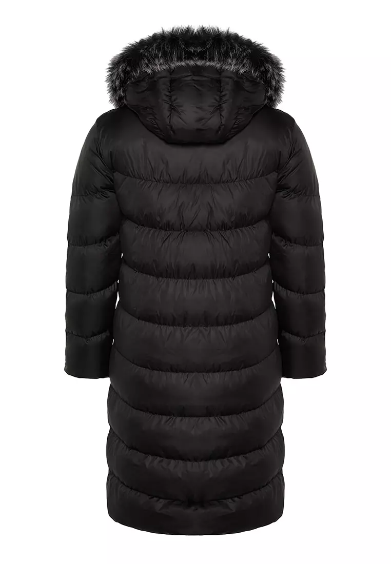 Black Fur Hooded Water Repellent Long Puffer Jacket TWOAW24MO00079