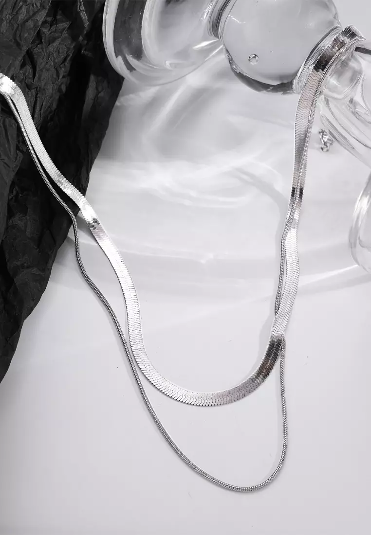 Kalung Pria Fashion Korea Double Kalung Titanium Anti-Menghitam Cowok Kotak Gratis silver