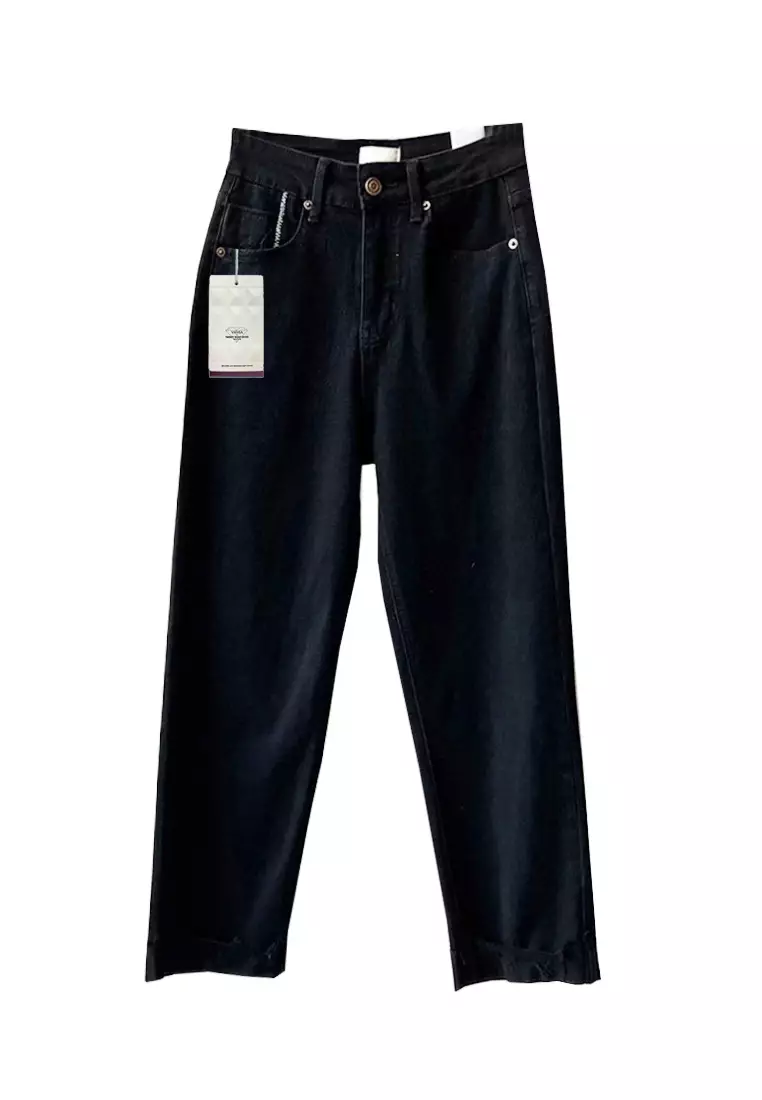 Black Metal Button High Waist Jeans