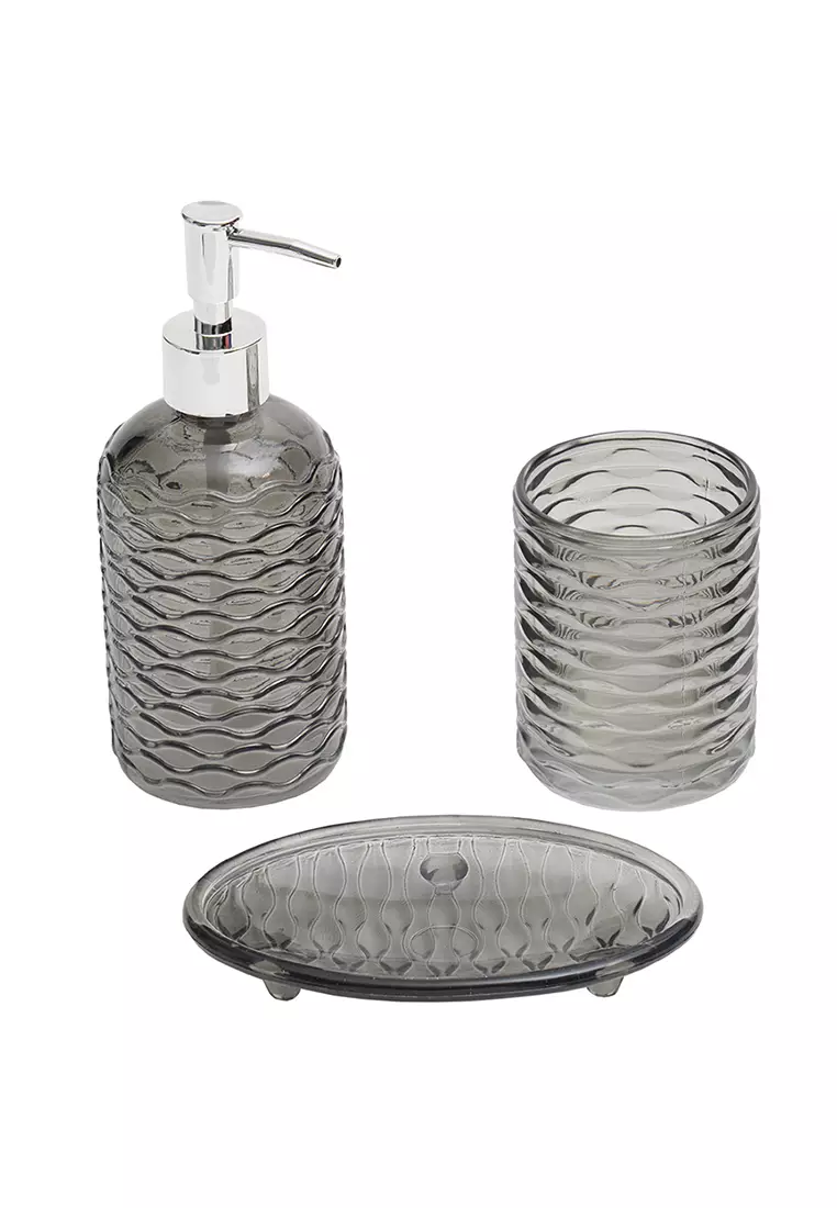 Buy MakeRoom Home Basics Rippled 3 Piece Glass Bath Accessory Set, Grey