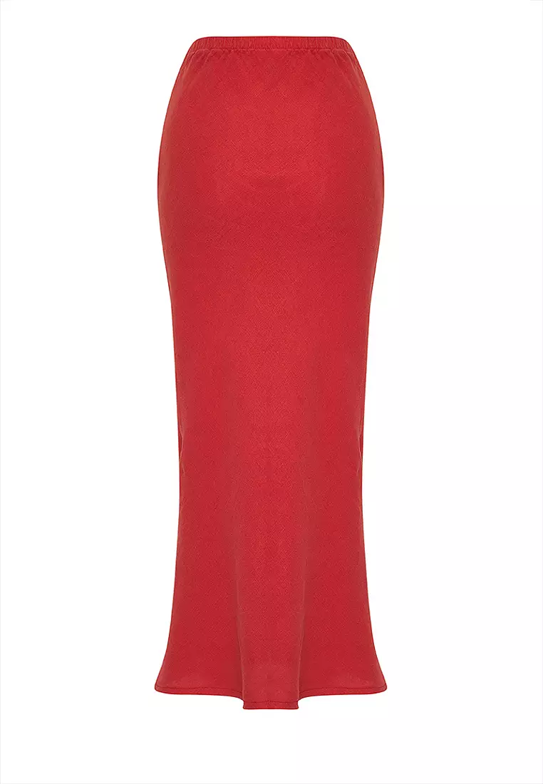 Red Elastic Waist High Waist Midi Skirt
