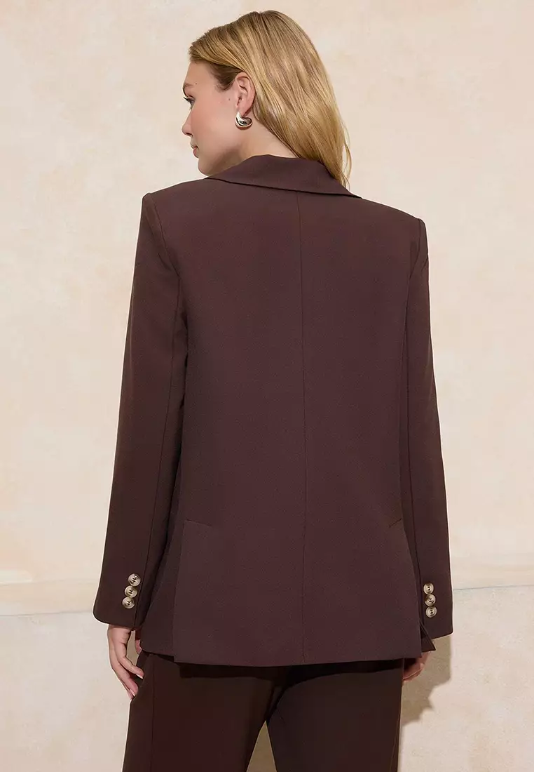 Dark Brown Regular Lined Woven Blazer Jacket Twoaw23Bc13