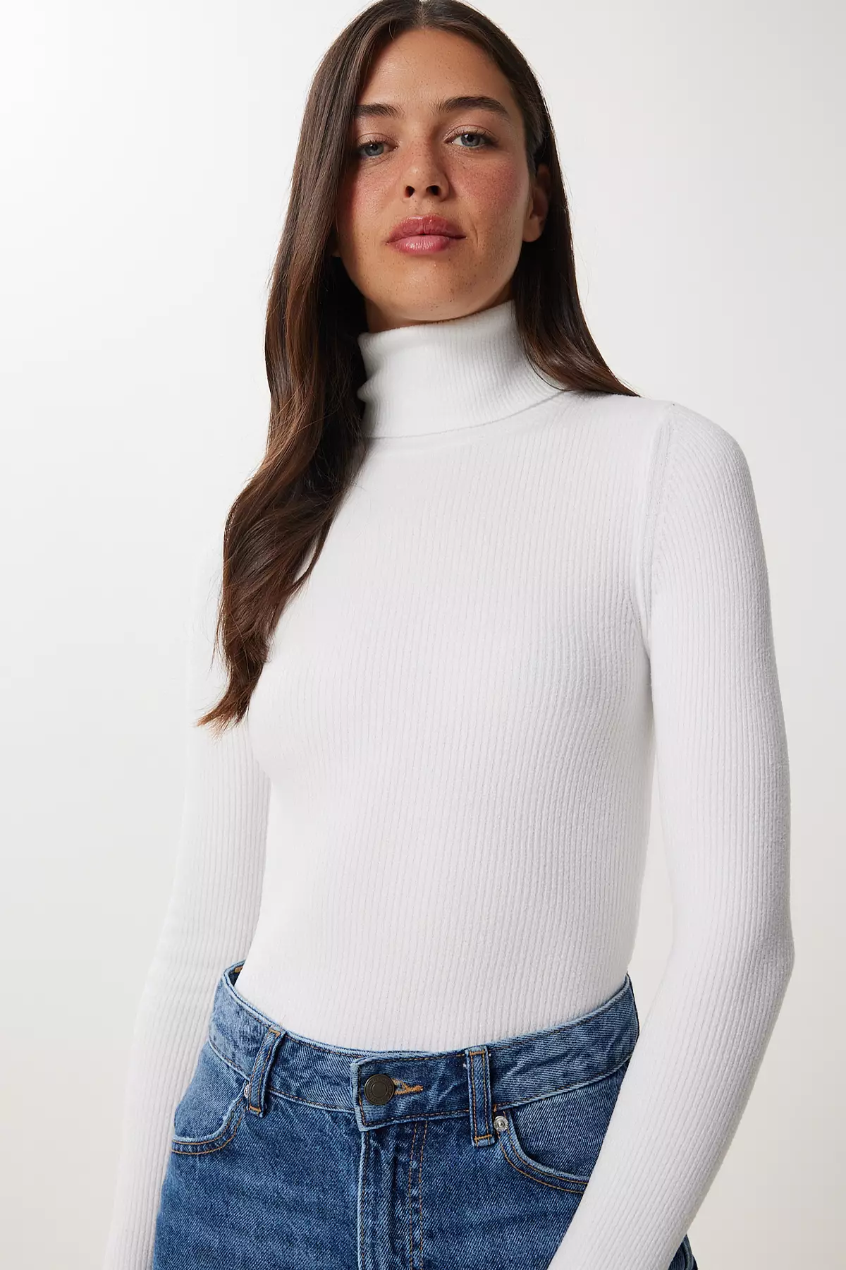 Women's White Turtleneck Stretchy Ribbed Sweater Ns00460