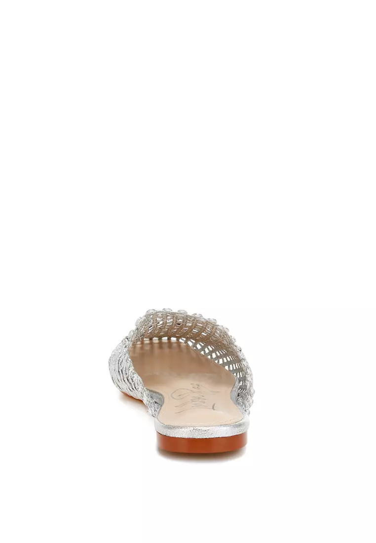 Metallic Woven Diamante Mules in Silver