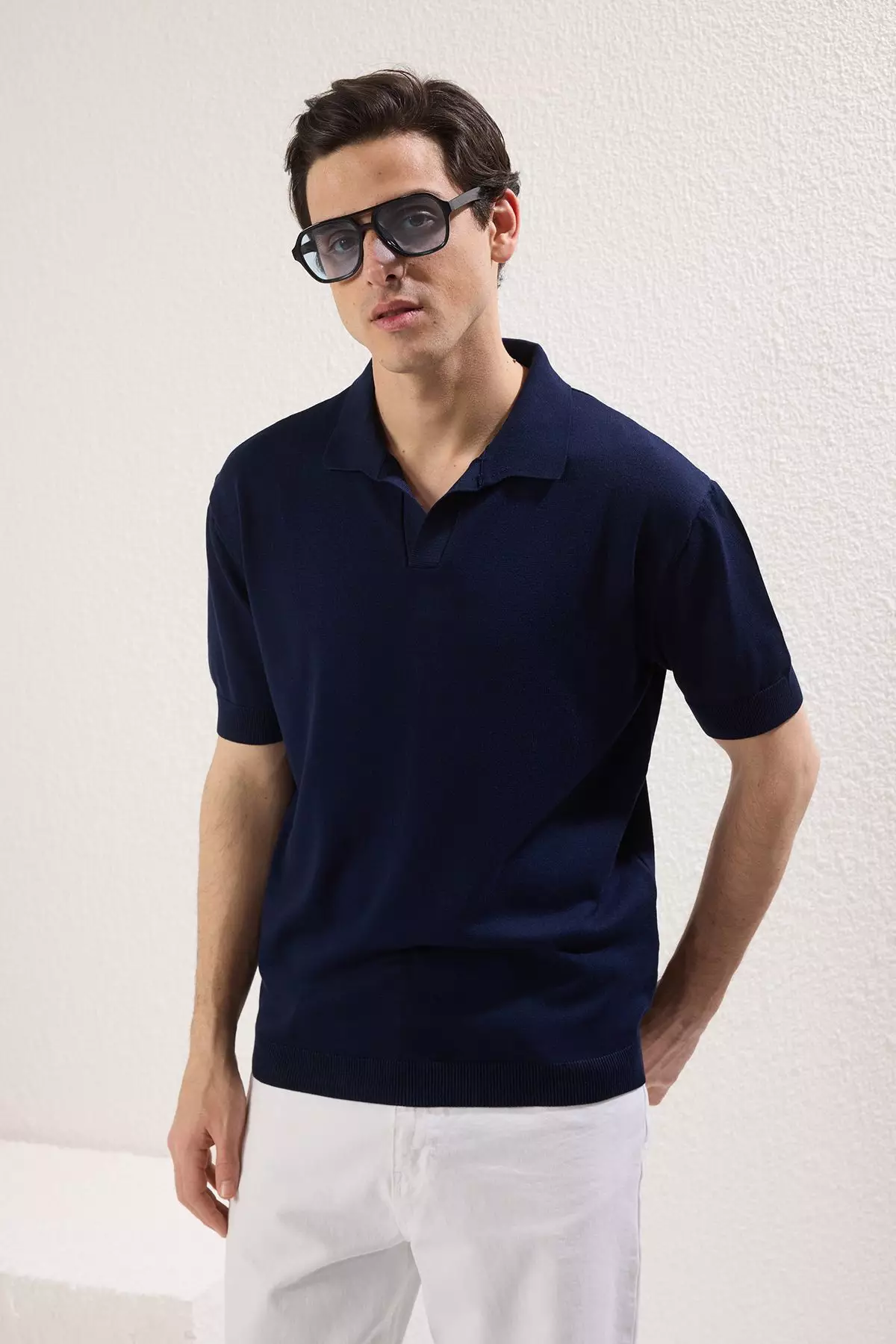 Navy Blue Regular Polo Collar Plain Polo Collar T-shirt TMNSS25PO00008