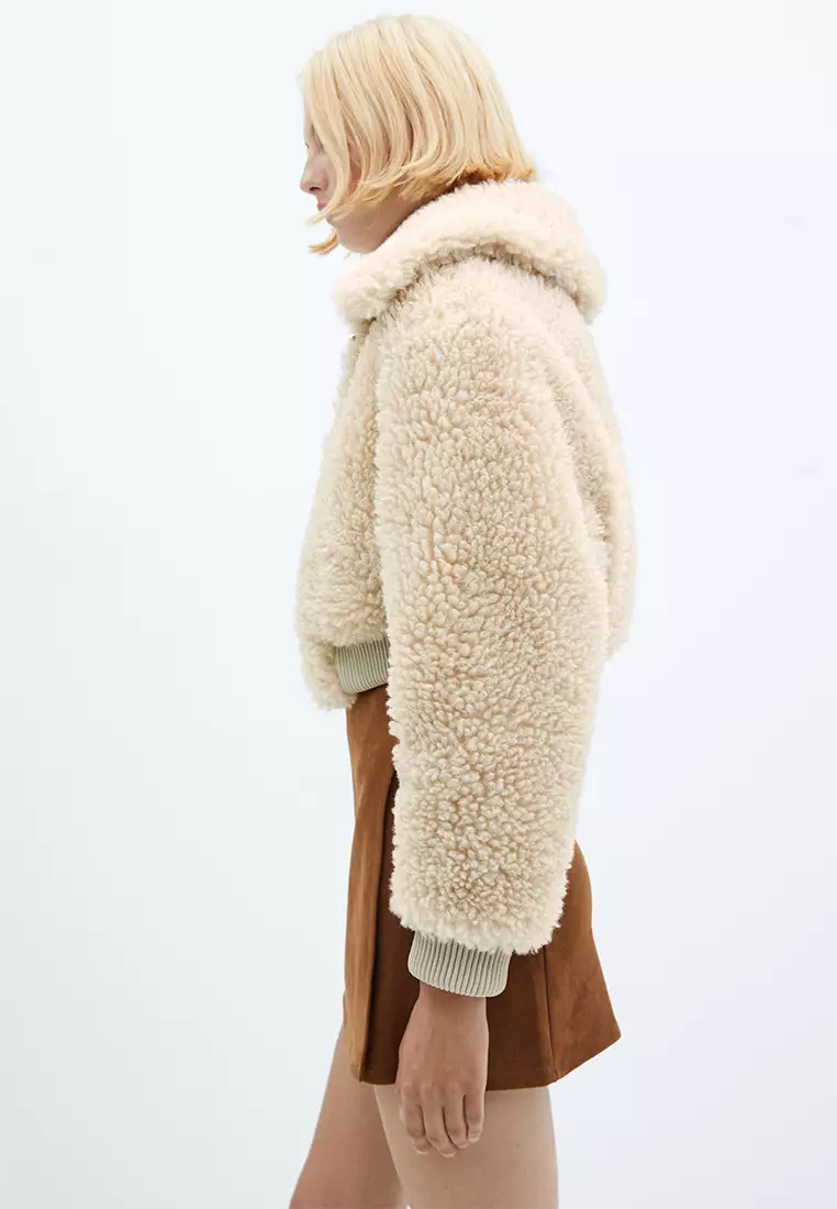 Cropped fur-effect bomber jacket