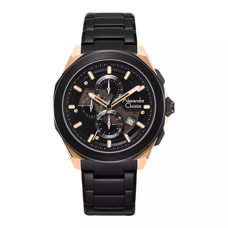 Jam Tangan Pria Alexandre Christie Chronograph AC 6645 MC BBRBA Men Transparency Dial Black Stainless Steel Strap