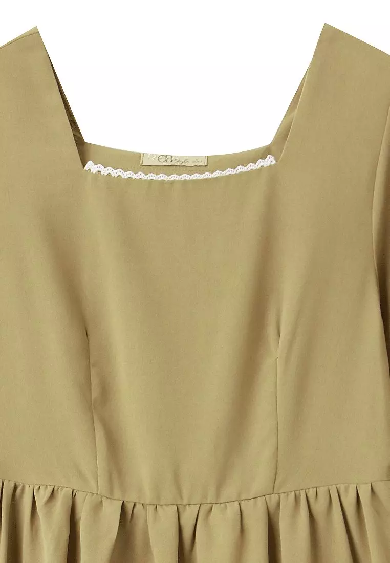 日系方領蕾絲滾邊荷葉拋袖短洋裝《DA9427》